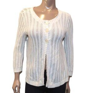 Jones New York Open Knit Cardigan Sweater Long Sleeve White Buttoned Size Medium